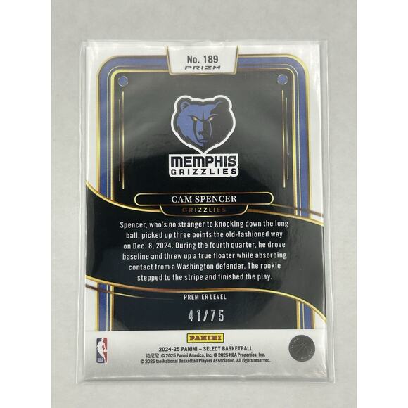 2024-25 Panini Select - Premier Level Cam Spencer #189 Neon Green Prizm /75 (RC) - Picture 2 of 2